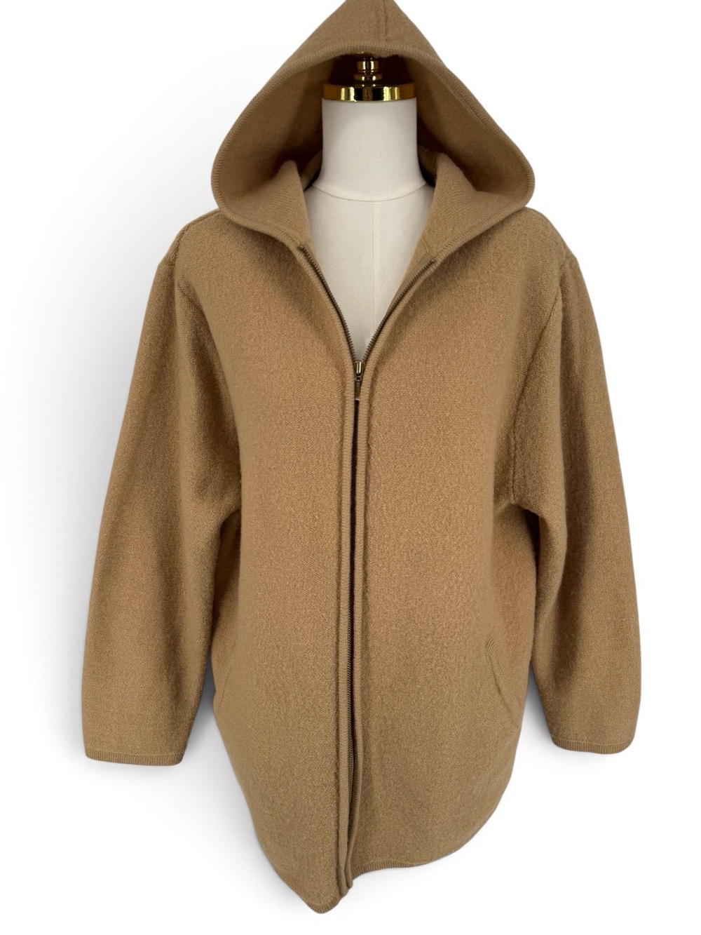 Karen Scott Vintage 100% Wool Tan Full Zip Hooded Cardigan Coat Jacket